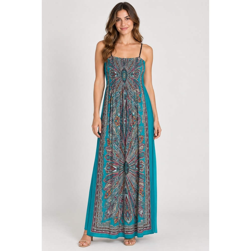 Magic Womens Teal Paisley Kaleidoscope Smocked Maxi Dress Large Sleeveless Boho